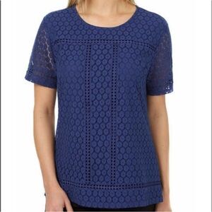 Badgley Mischka Women's Short Sleeve Dark Blue Lace Overlay Top size XL